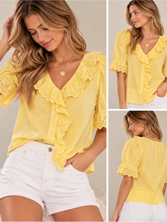 J. Crew Tops - J.Crew Eyelet Ruffle Front Cotton Blouse butter Yellow Puff Sleeve Top  M EUC